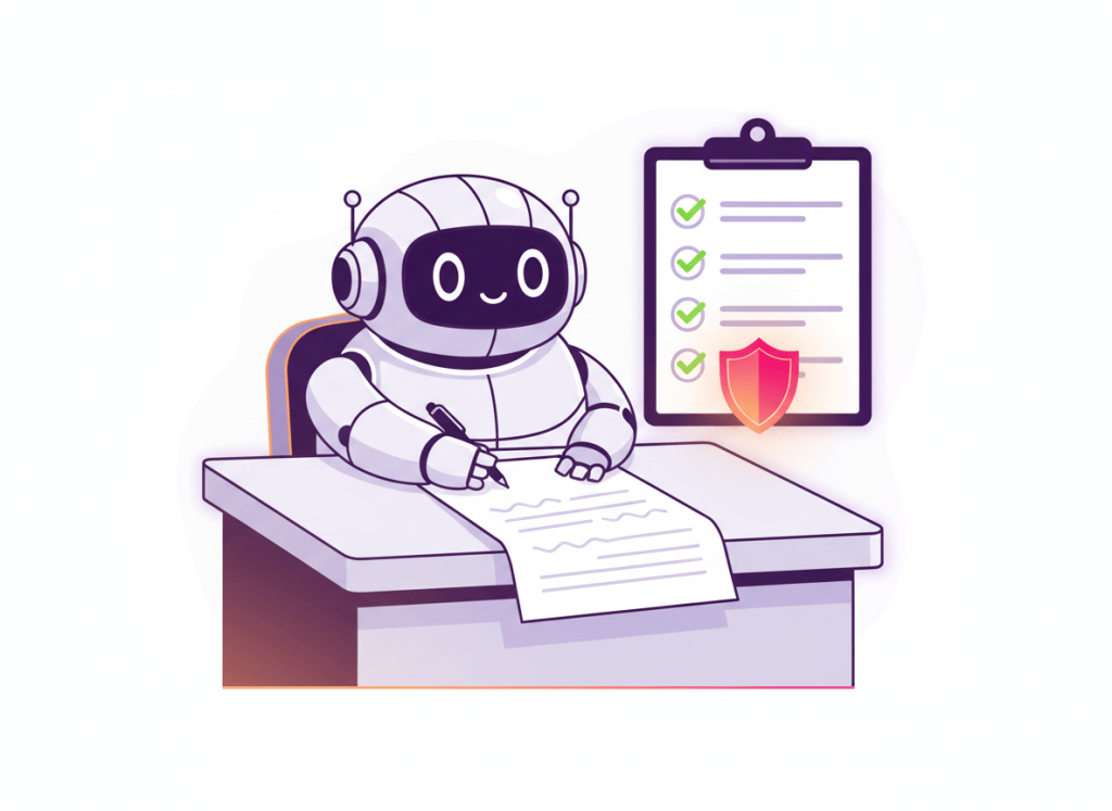 Illustration of a robot writing a draft next to a checklist with a shield