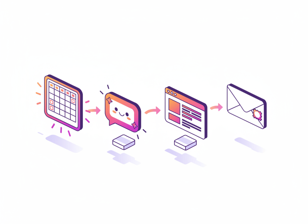 Illustration of a pipeline flowing from a spreadsheet to an AI chat bubble to a web page draft to an email envelope