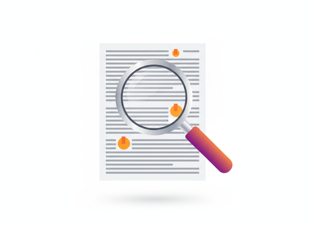 Illustration of a magnifying glass over a document with two highlighted, flagged spots
