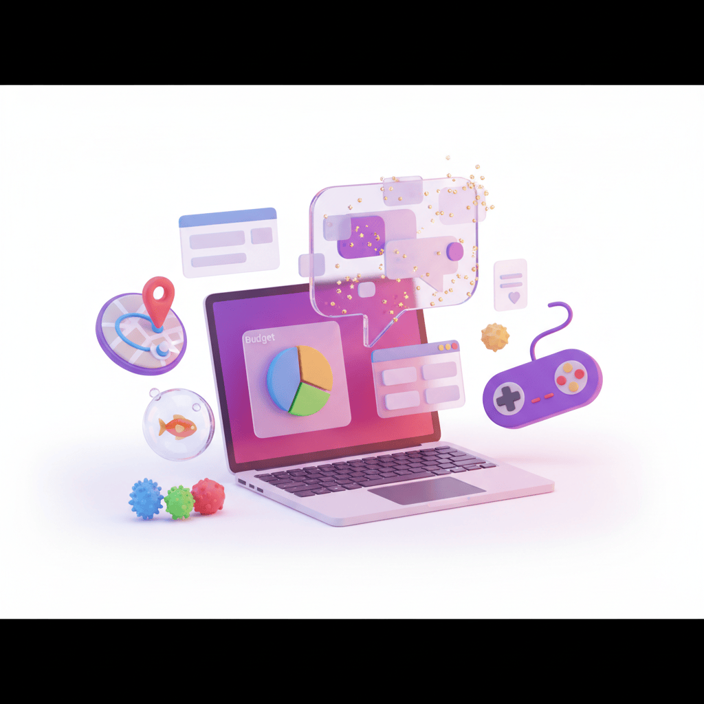 Illustration of a laptop with AI sparkles surrounded by the projects it helped build: a map, a budget chart, a fish, microbe creatures, and a game controller