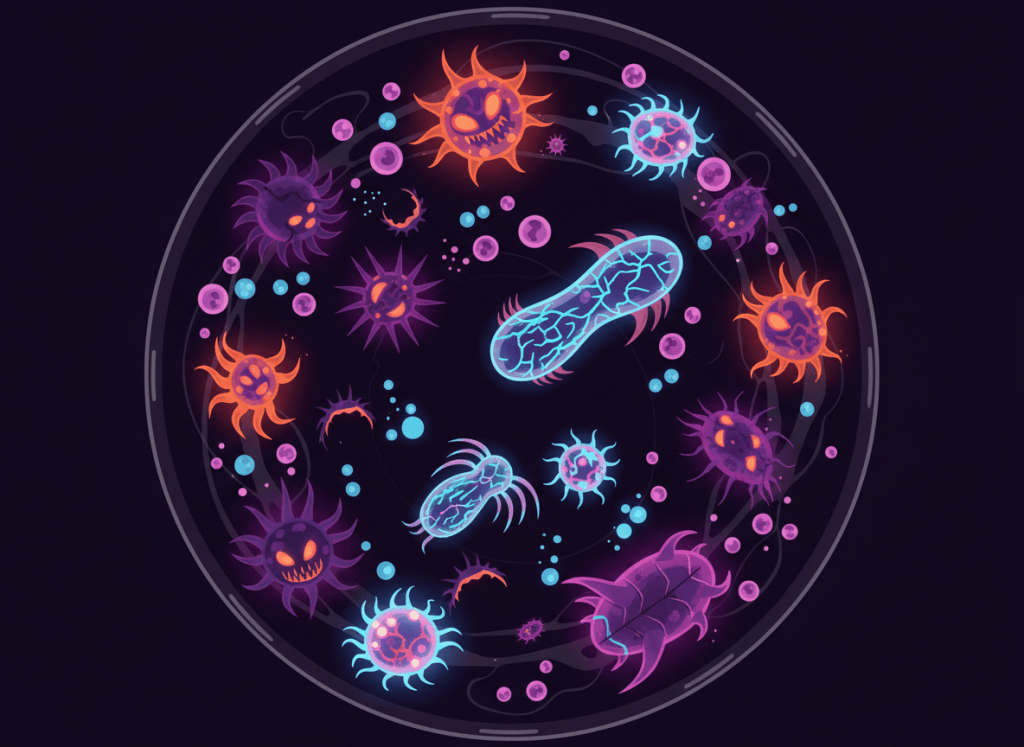 Illustration of colorful evolving digital creatures, some with neural-network brains, swarming in a glowing simulated world