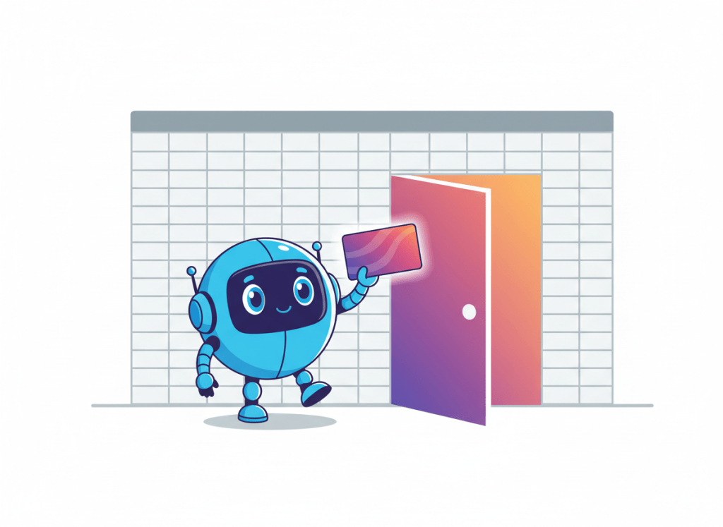 Illustration of a small robot holding a key card as a spreadsheet opens like a door